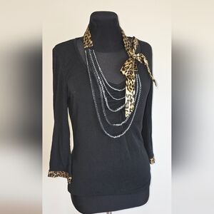Christina Dea Black Fitted 3/4 Sleeve Top With Animal Print Accents & Necklace